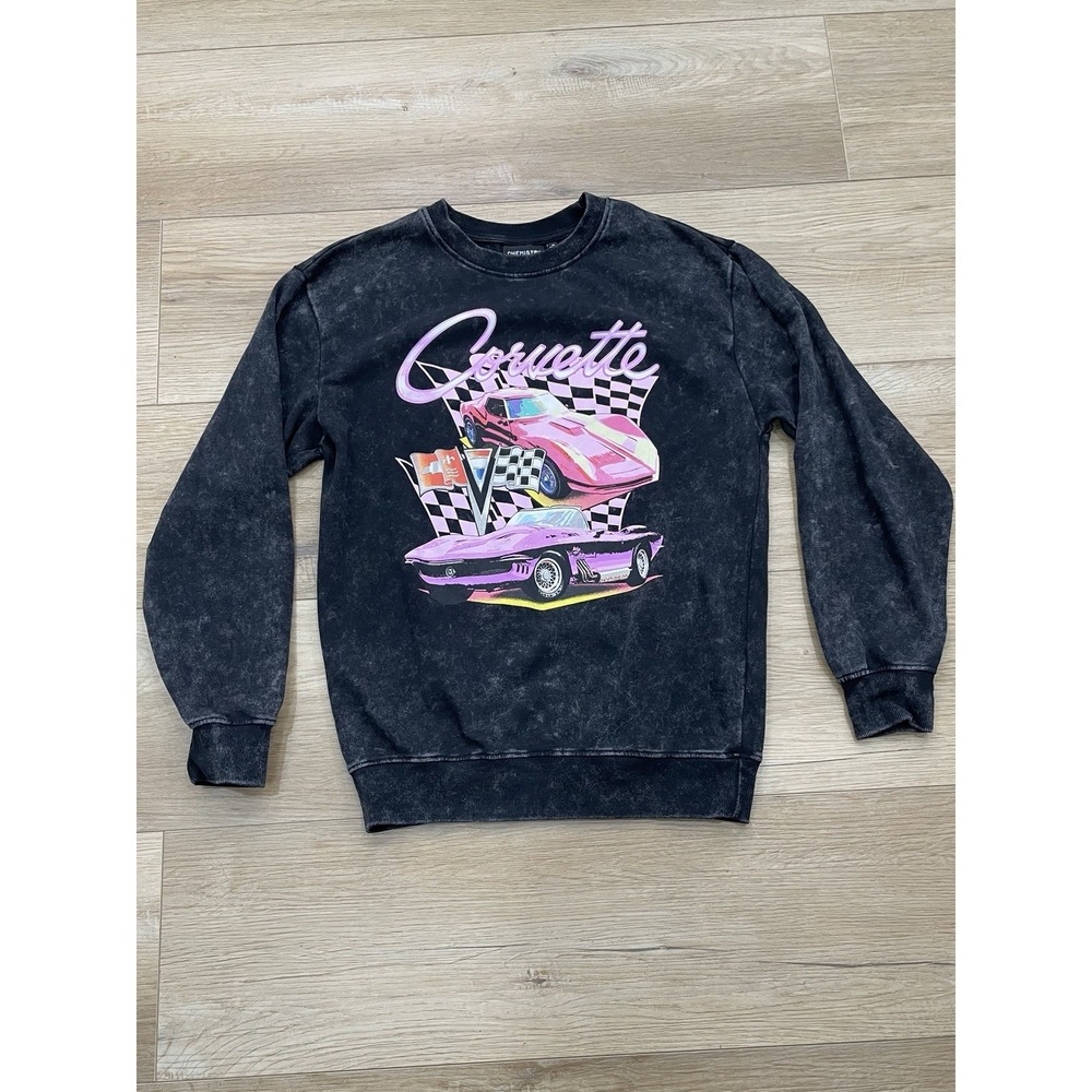 Chemistry Corvette Sweatshirt Mens M Black Acid Wash Graphic Crewneck Cars